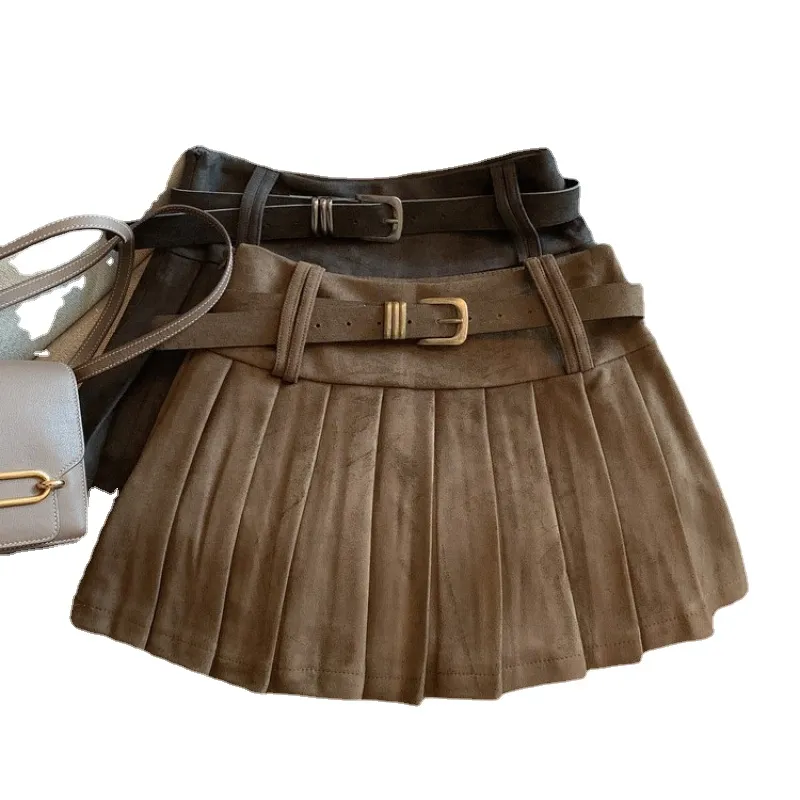 Spicy Girl Style Maillard Coffee Suede Pleated Skirt Women's 2023 Autumn/Winter High Waist Half length Short Skirt A-line Skirt