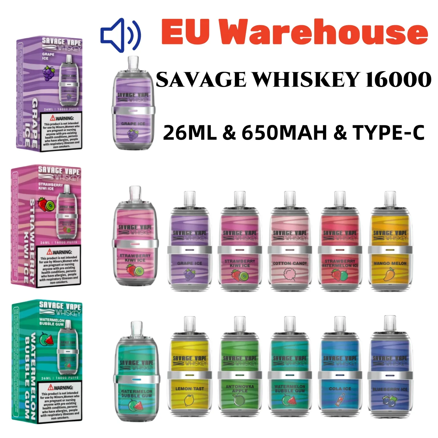 Savage Whiskey 16000 vape puff stylo vape jetable 10 saveurs 26 ml 5% 650 mah bobine de maille 6 couleurs LGB Light Type-C rechargeable Poco Vape vs Tornado Vape bang vape 16000