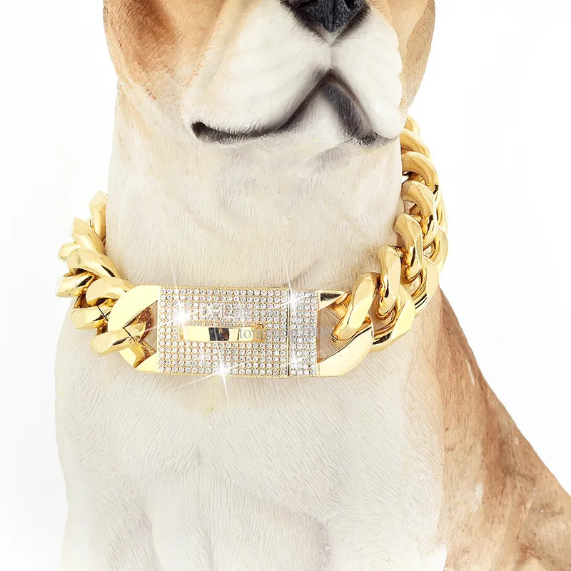 Guldkedjor hundkrage med bling bling cz dimonds 19mm tungt tjockt 18K guld kubansk länkkedja rostfritt stål metall länkar gångkedjan halsband för små stora hundar
