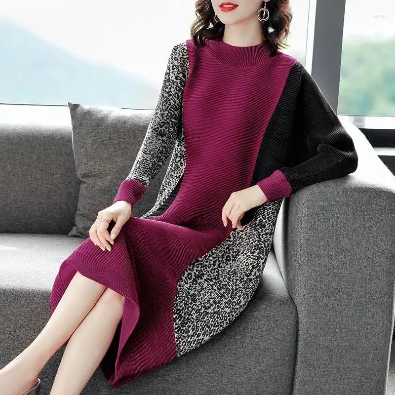Casual Dresses Commute Spliced Midi Dress Vintage Contrasting Colors Women's Clothing Chic Asymmetrical Autumn Winter Half High Collar