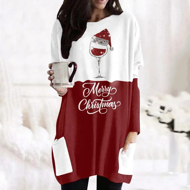 Повседневные платья, женское длинное рождественское платье большого размера, осенне-зимние футболки с рукавами и карманами, свободный пляжный сарафан, рождественская рубашка, Vestidos