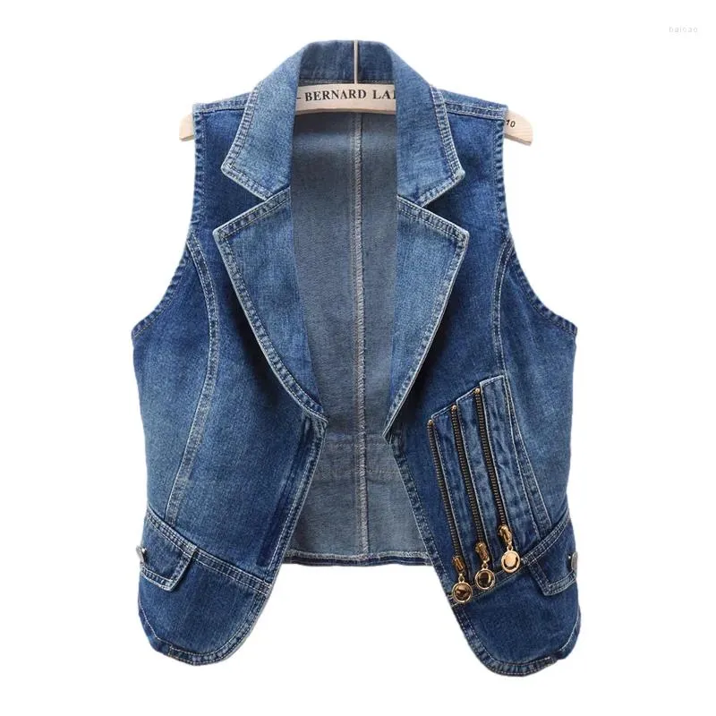 Damenwesten Herbst Koreanische Vintage Blau Anzug Kragen Denim Weste Frauen Weste Dünne Kurze Cowboy Ärmellose Jacke Lässige Jeans Weiblich