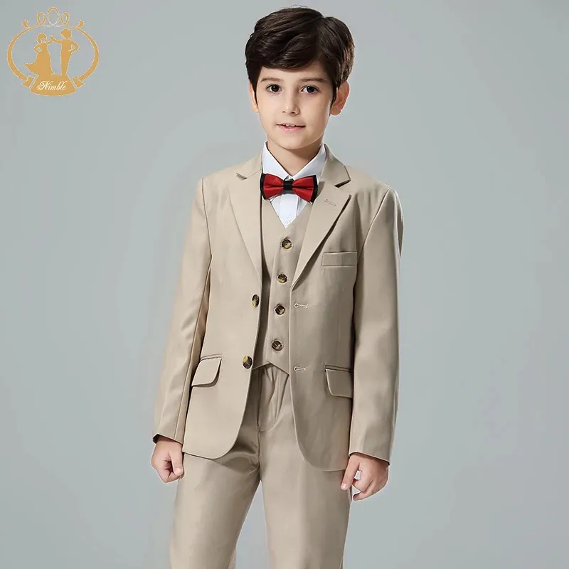 Nimble 2023 Spring Autumn Formal Suit for Boy Children Party Host Wedding Costume Coat Vest Pants 3st Khaki Partihandelskläder 231228