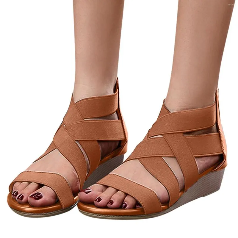 Sandalen für Damen, Mundkeil, niedriger Absatz, römische Damenmode, elastisches Band, Fisch, Neon für klobige Absätze