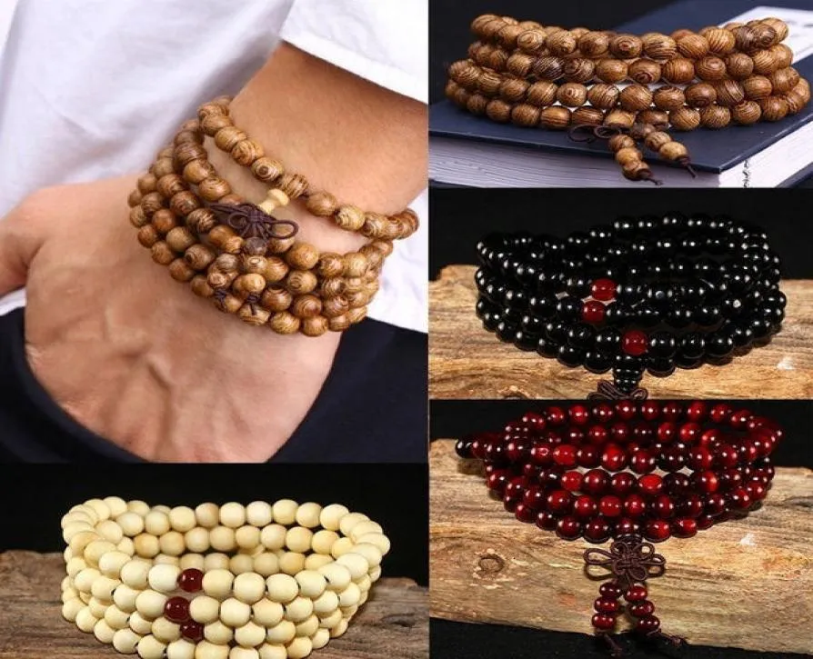 108 beads 8mm natural sandalwood buddhist buddha wood prayer beaded knot black ebony unisex men bracelets bangles for women6095533