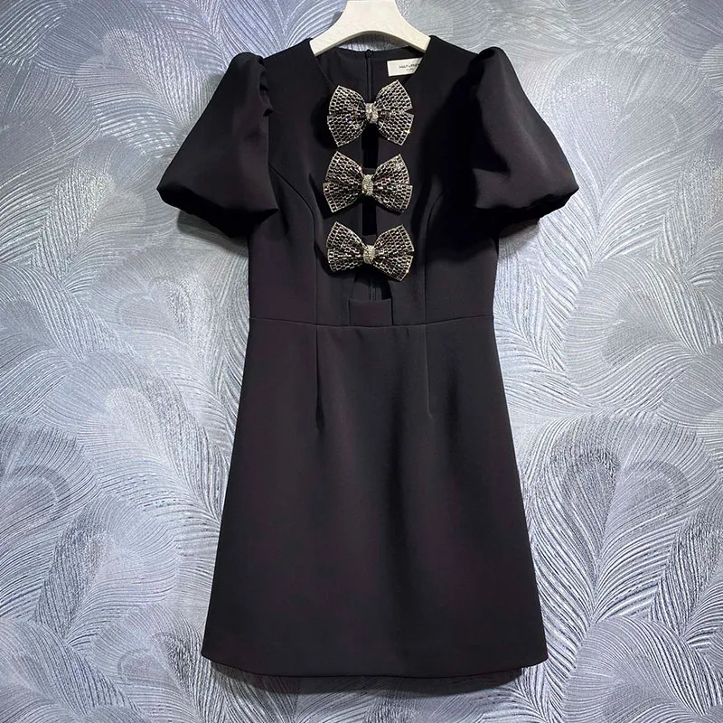 Black Designer Dress Bubble Sleeves Hollow Bow Dress Hepburn Style Age Reducing Waist Slimming A-line Short Skirt