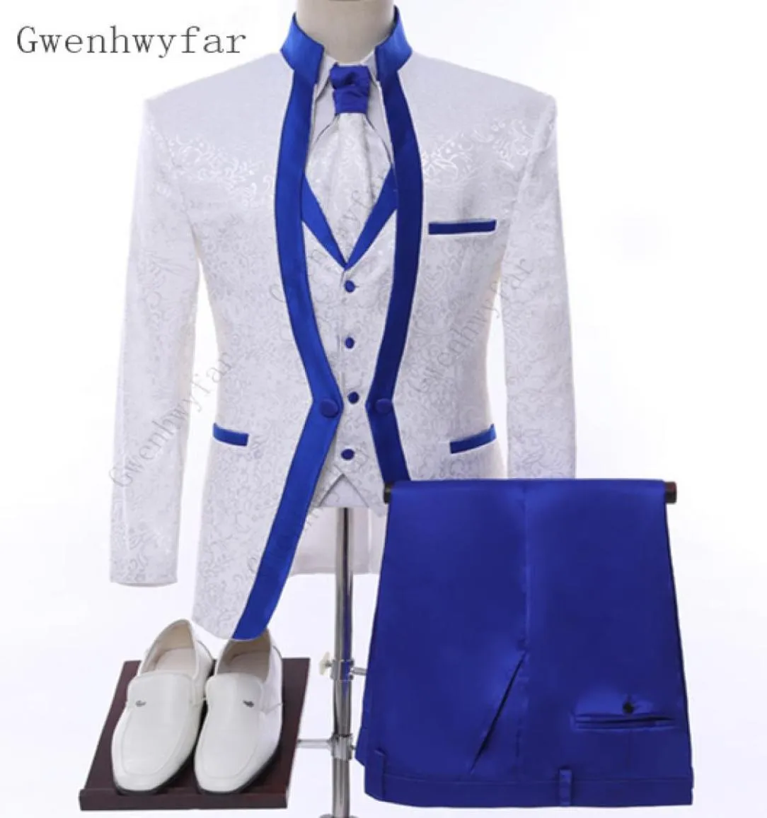 Gwenhwyfar Weiß Royal Blue Rim Bühnenkleidung Für Männer Anzug Set Herren Hochzeitsanzüge Kostüm Bräutigam Smoking Formelle Jacke Hosen Weste 5089093