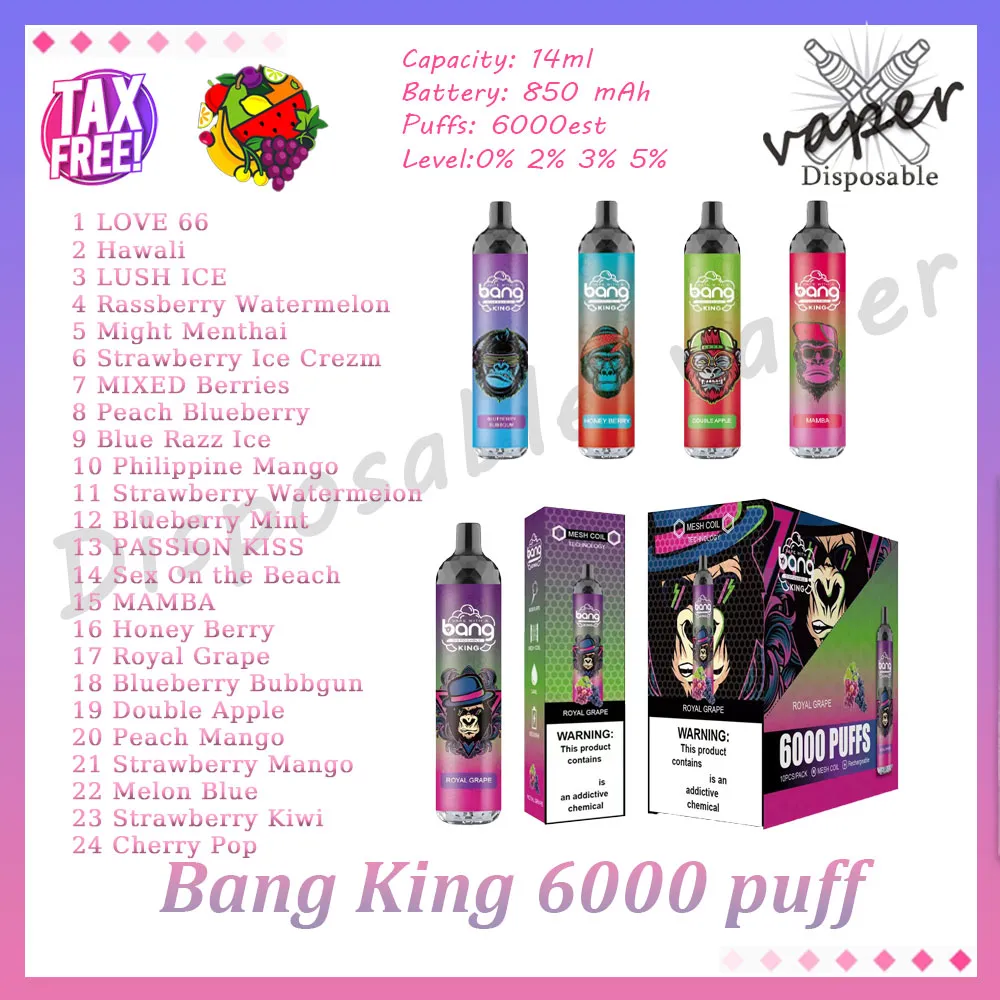 Original Bang King 6000 Puff Vape desechable Pluma Bobina de malla 14 ml Pod precargado 850 mAh Batería recargable 0% 2% 3% 5% Evaporador 6k E Cigarrillo 24 sabores En stock