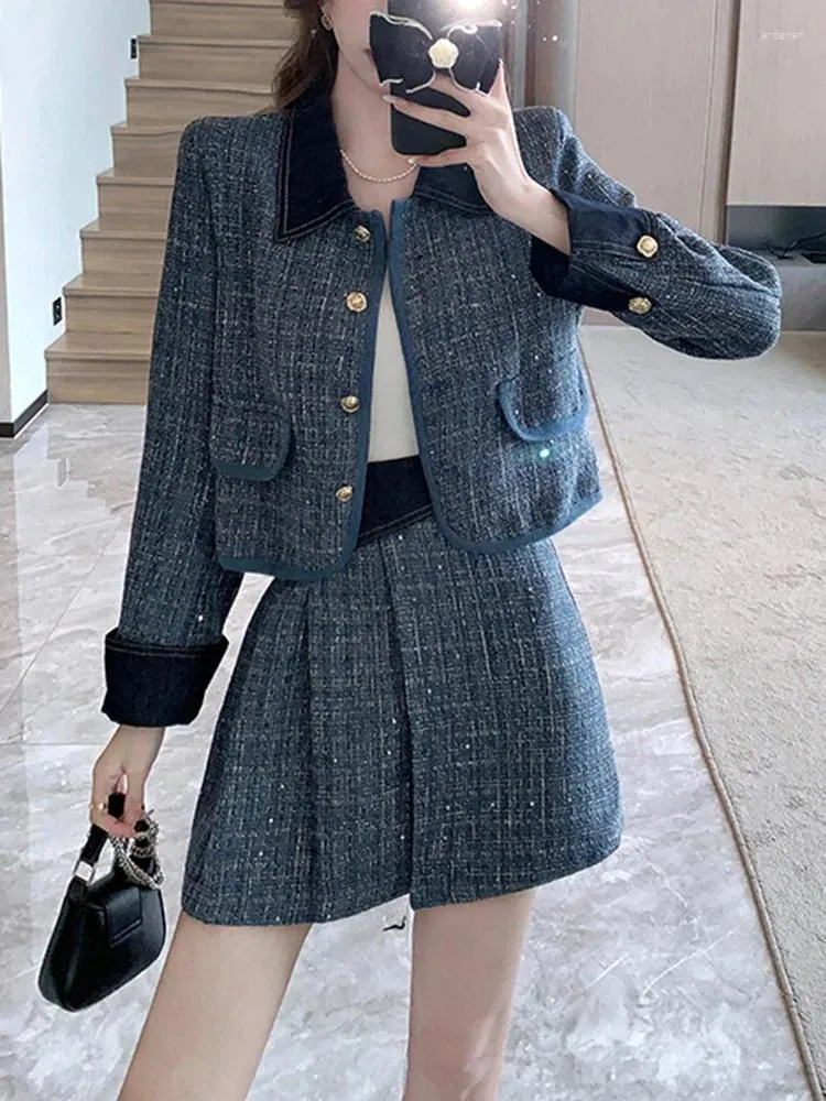 Work Dresses Blue Spliced Two Piece Sets Womens Outifits Fashion Office Lady Long Sleeve Jacket High Waist Irregular Skirts 2023 Autumn