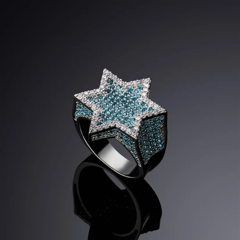 Nieuwe Hexagon Ster Zilver Kleur Blauw Iced Out Cubic Zirkoon Met Zijstenen Ringen Micro Verharde Diamant Hip Hop Sieraden voor Gifts241o