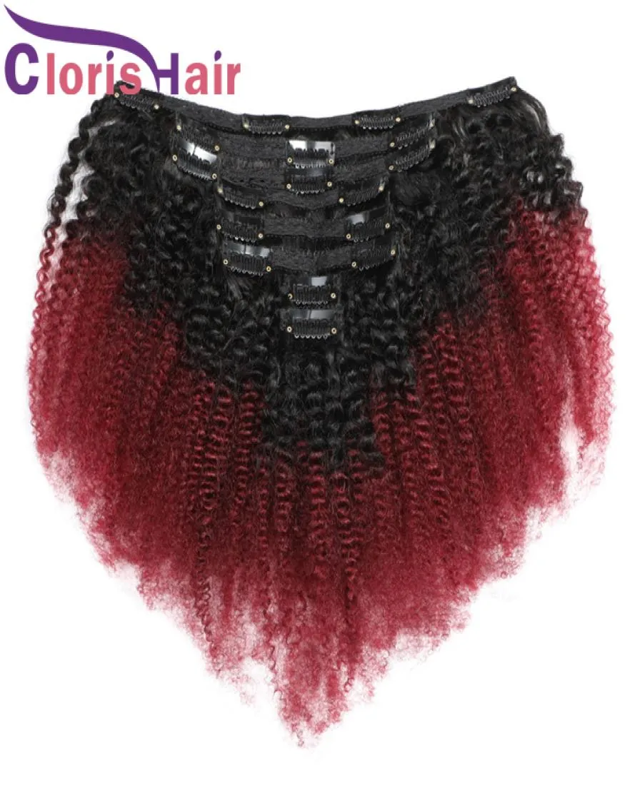 Burgundy Ombre Afro Kinky Curly Clip in Extensions Malaysian Human Hair 직조 색상 1B 99J Full Head 8pcs/Set 120G 클립 on extentions3841984