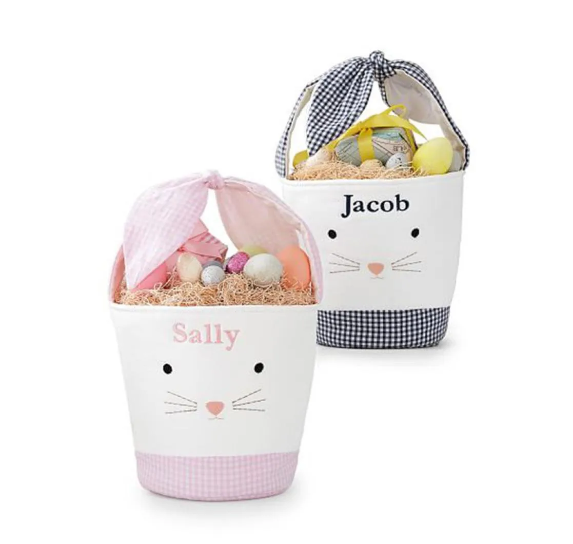 Easter Bunny Bags Barrel Bucket Basket Plaid Patchwork Cartoon Rabbit Ear Bowknot Canvas Tote Bag New Year Gifts Egg Candies Handb1432656