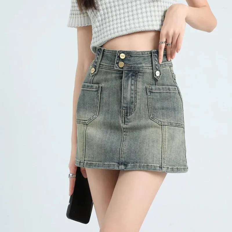 Pantaloncini da donna Ragazze Denim Versione coreana Studente antiscivolo Gonna a metà jeans monopetto a vita alta