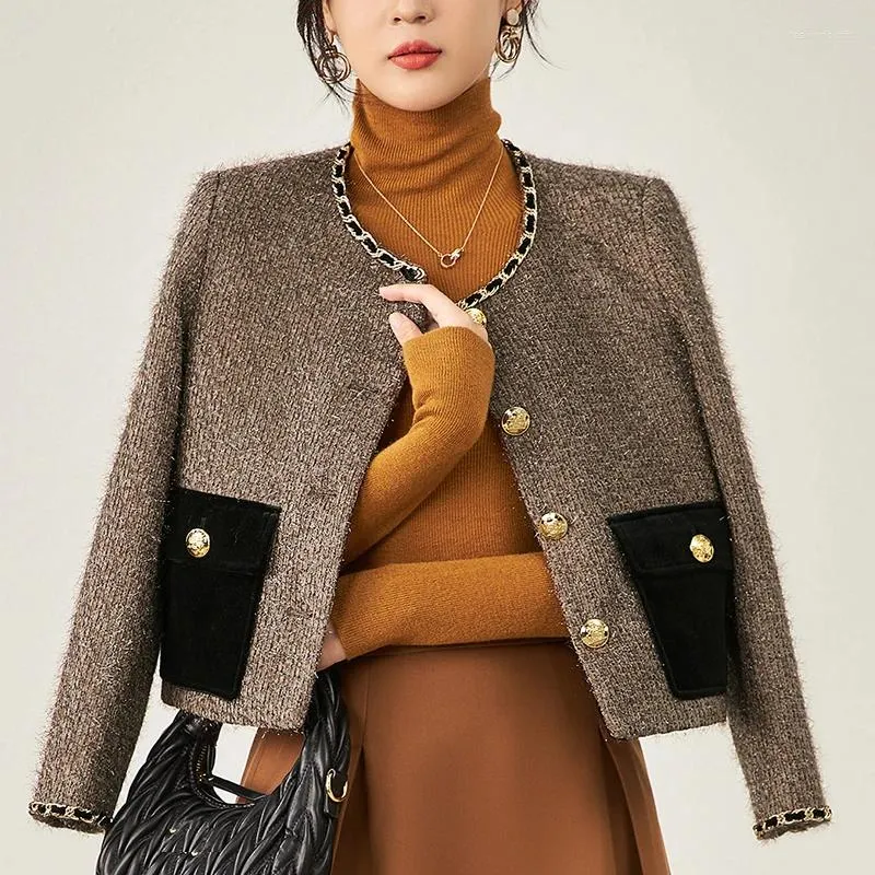 Kadın Ceketleri Kadınlar İçin Zarif Moda Katlar Sonbahar Kış Uzun Kollu Yün Ceket Ofis Leydi% 30 Yün Şönil Takım