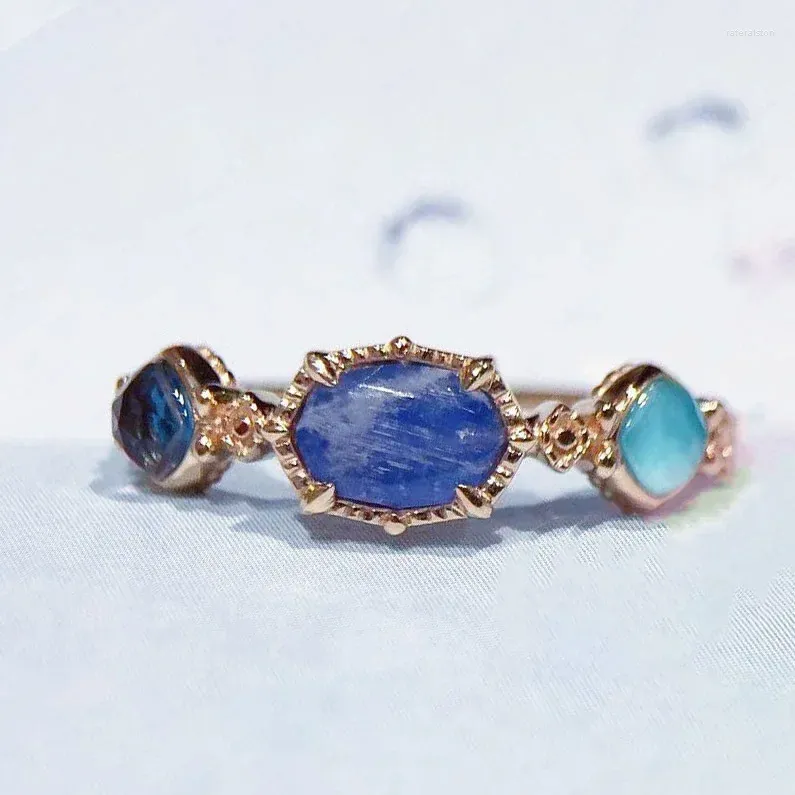 Klusterringar japanska A925 Silver Natural Gemstone Mystery Lake Sapphire Topa Stone Plated 10k Ring