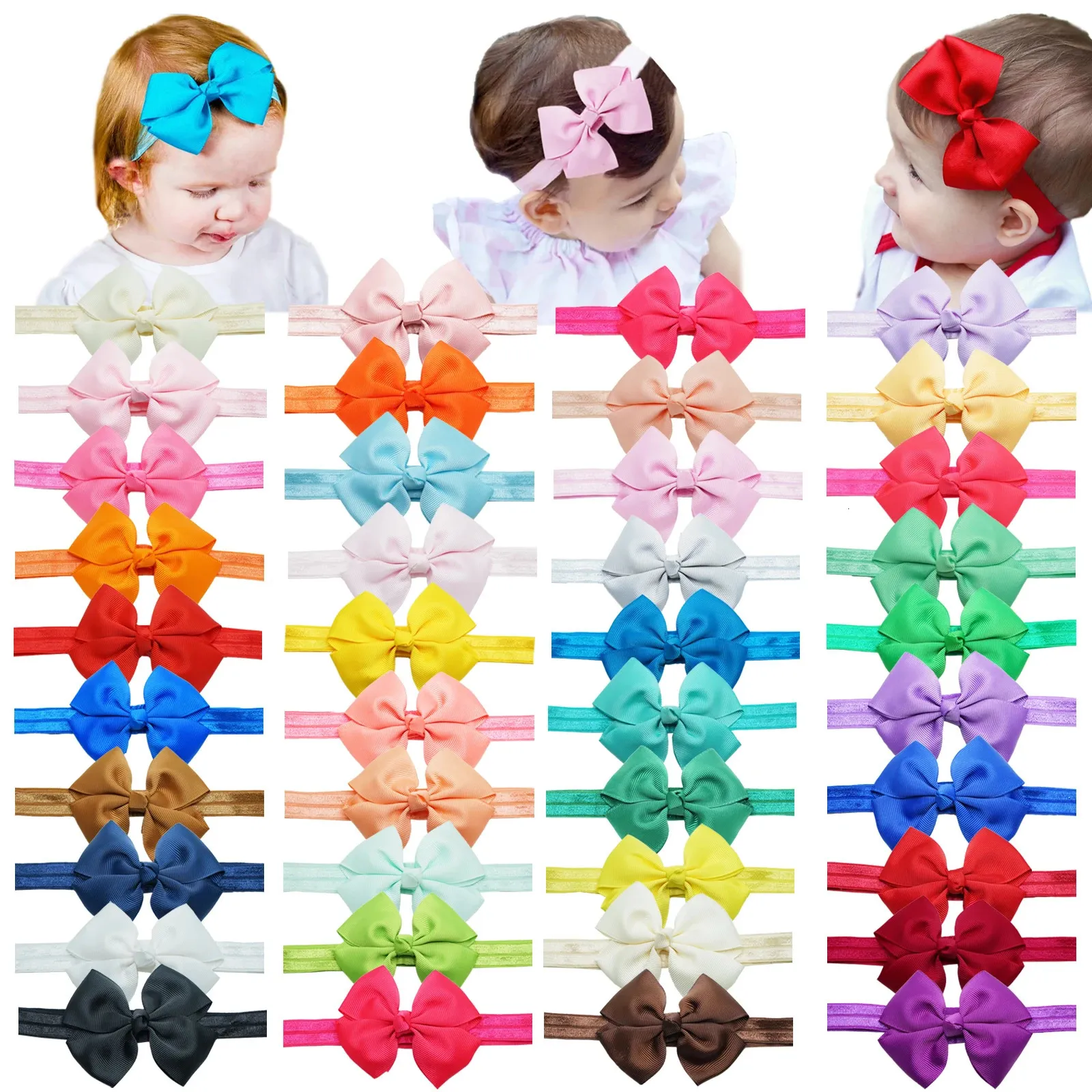 40 Pieces Baby Girls Headbands 3.5" Grosgrain Ribbon Hair Bows Elastic Hairband Handmade Hair Accessories for Infant toddler 231229