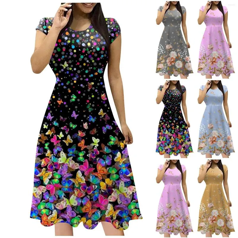 Casual Dresses Dress Women Bekväm fashionabla smala fjäril Tryckt rund hals strand sommar kvinna lång fest vestidos