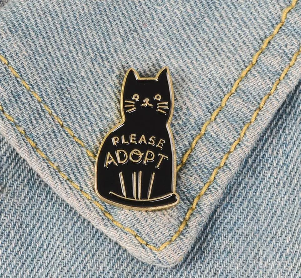 Broches de gato esmaltado preto, alfinetes de botão para bolsa de roupas, por favor, adote o emblema de desenho animado, joia de animal, presente para amigos c38485144