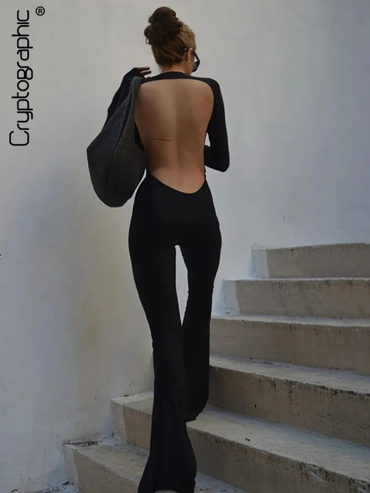 Cryptographic Black Sexy Backless Jumpsuits for Women Casual Flare Pants Rompers Club Party Outfits Overall Clothes 231228