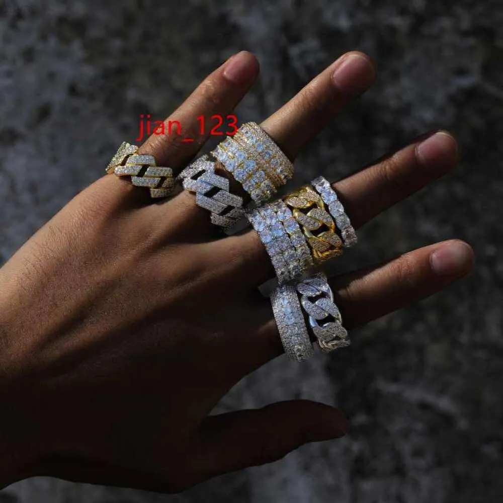 Fijne Iced Out Hip Hop Cubaanse Link Ring Vergulde 925 Sterling Zilver Vvs Moissanite Diamond Finger Band voor Mannen