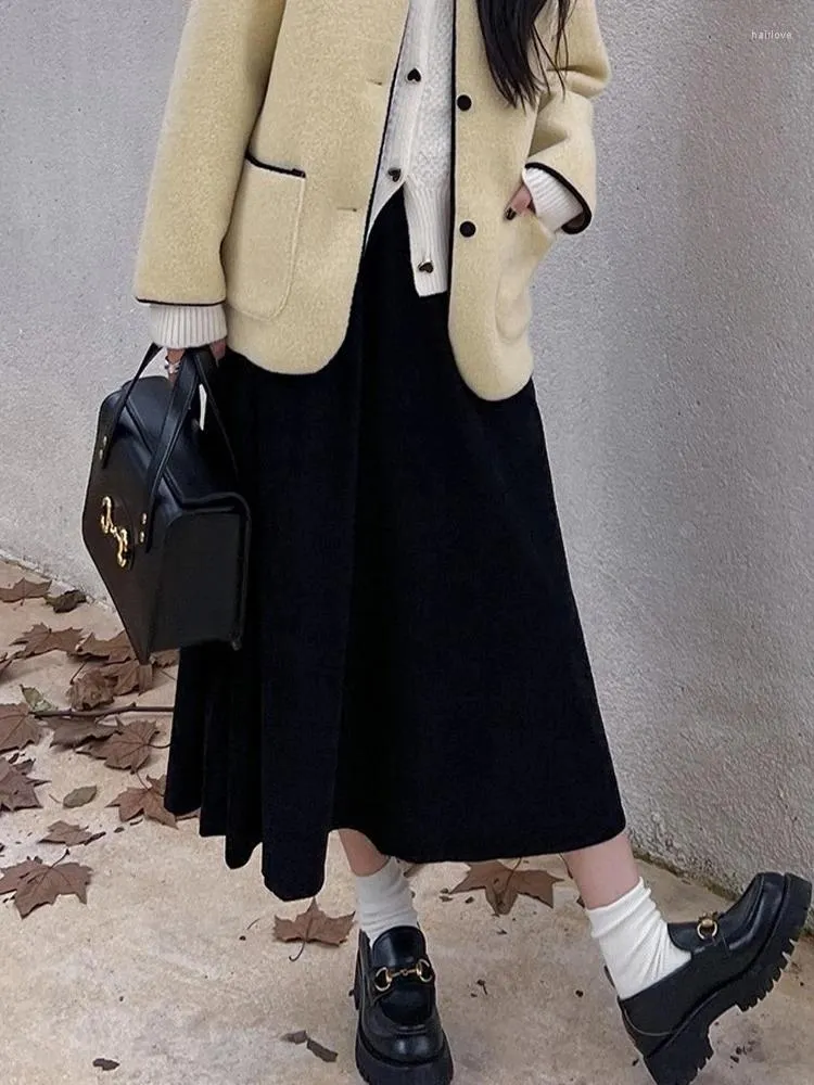 Saias outono inverno longo mulheres moda coreana cintura alta veludo saia feminina elegante solta cor sólida uma linha maxi