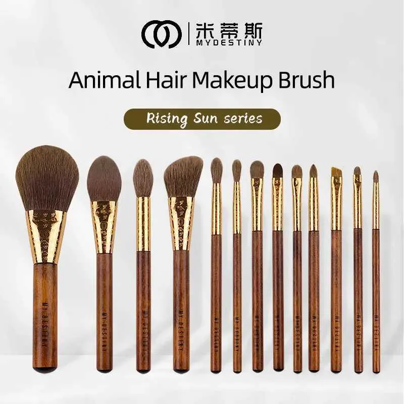 Makeup Borstes MyDestiny-13 Piece Brown Makeup Brush Set bestående av högkvalitativa mjuka djur och syntetiskt hår inklusive ansiktsögonborstar Q240507
