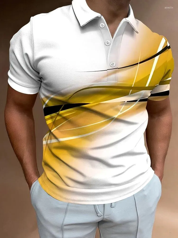 Polos masculinos camiseta polo amarelo preto vermelho verde azul impressão escura 3D rua casual botões manga curta top