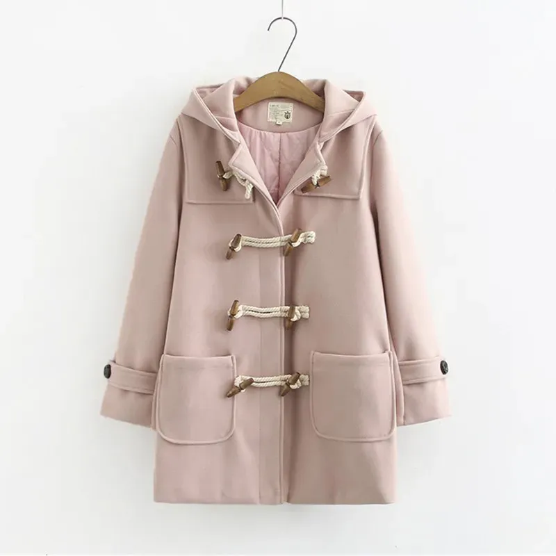 Double Row Horn Buckle Coat Hooded Women Autumn Clothing Winter Casual Solid Thicken Button Jacket College Style Dropship 231228