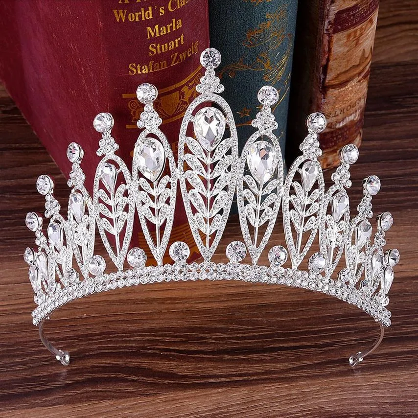 KMVEXO Barok Goud Zilver Bladeren Kristal Steentjes Bruiloft Kroon Luxe Big Queen Tiara Hoofdband voor Bruids Haaraccessoires C221G