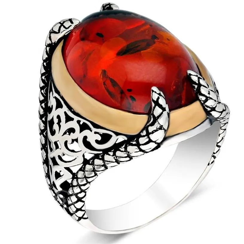 Bague en argent Sterling 925 pour hommes, véritable Agate Turquoise Pure, rubis, pierres d'ambre polonaises, bijoux turcs faits à la main, 255W