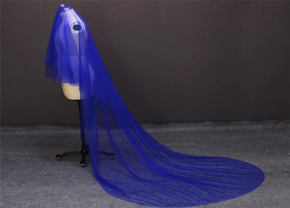 Atemberaubender blauer Hochzeitsschleier OHNE Kamm, 3 Meter Schnittkante, einlagig, ohne Kamm, Brautschleier6606674