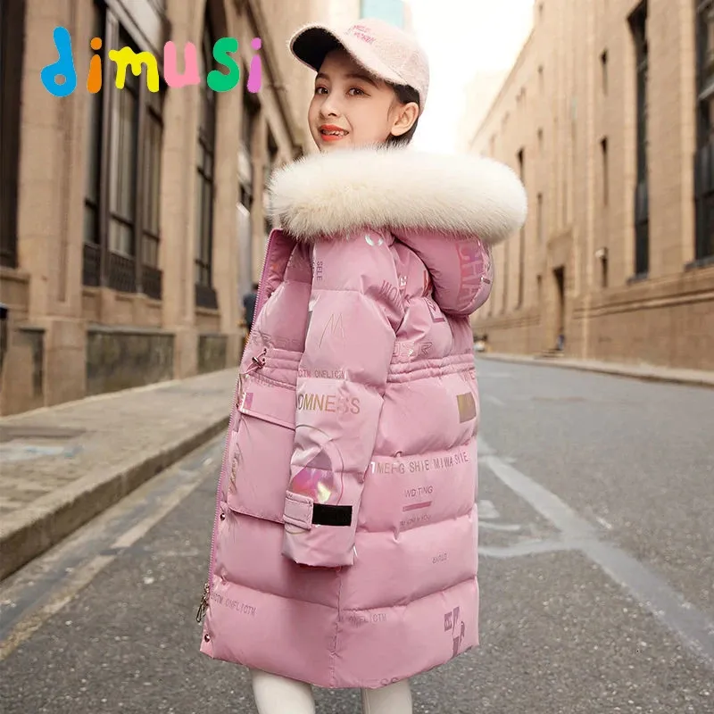 DiMusi Winter Children Bounded Cods Girls Midfong Warm Imperproofing Hoodies Fashion Kids Collar Fur Thermal Down Jackets Clothing 231228