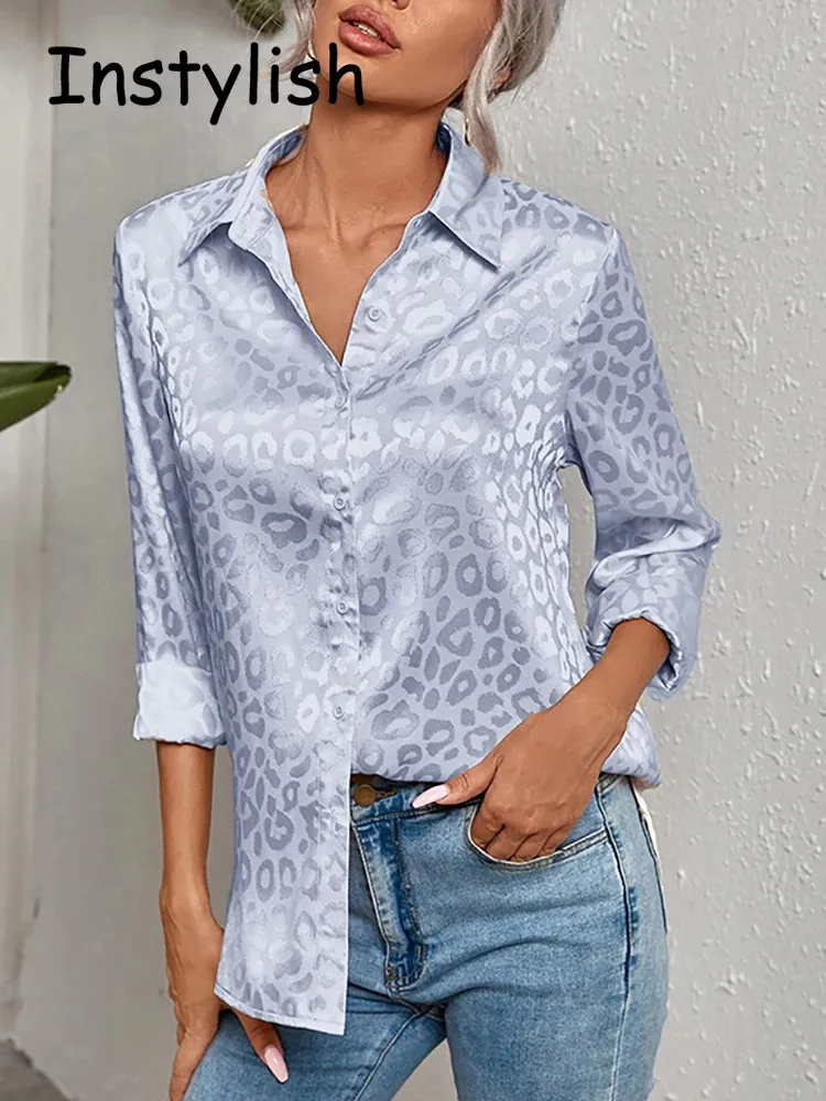 Women Leopard Print Luxury Blue Spring Summer Long Sleeve Lapen Vintage Button Up Shirt Office Lady Satin Tunics Harajuku Top 231228