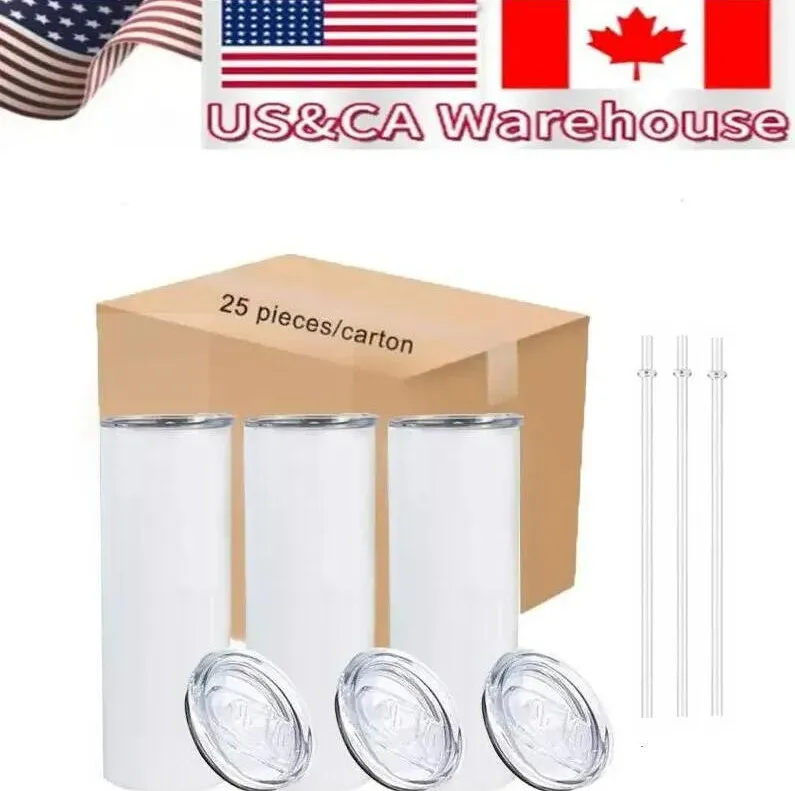 US /CA Local Warehouse Sublimation Blanks Mugs 20oz Stainless Steel Straight Tumblers with Lids and Straw Heat Transfer Cups Water Bottles 25pcs/carton 1019