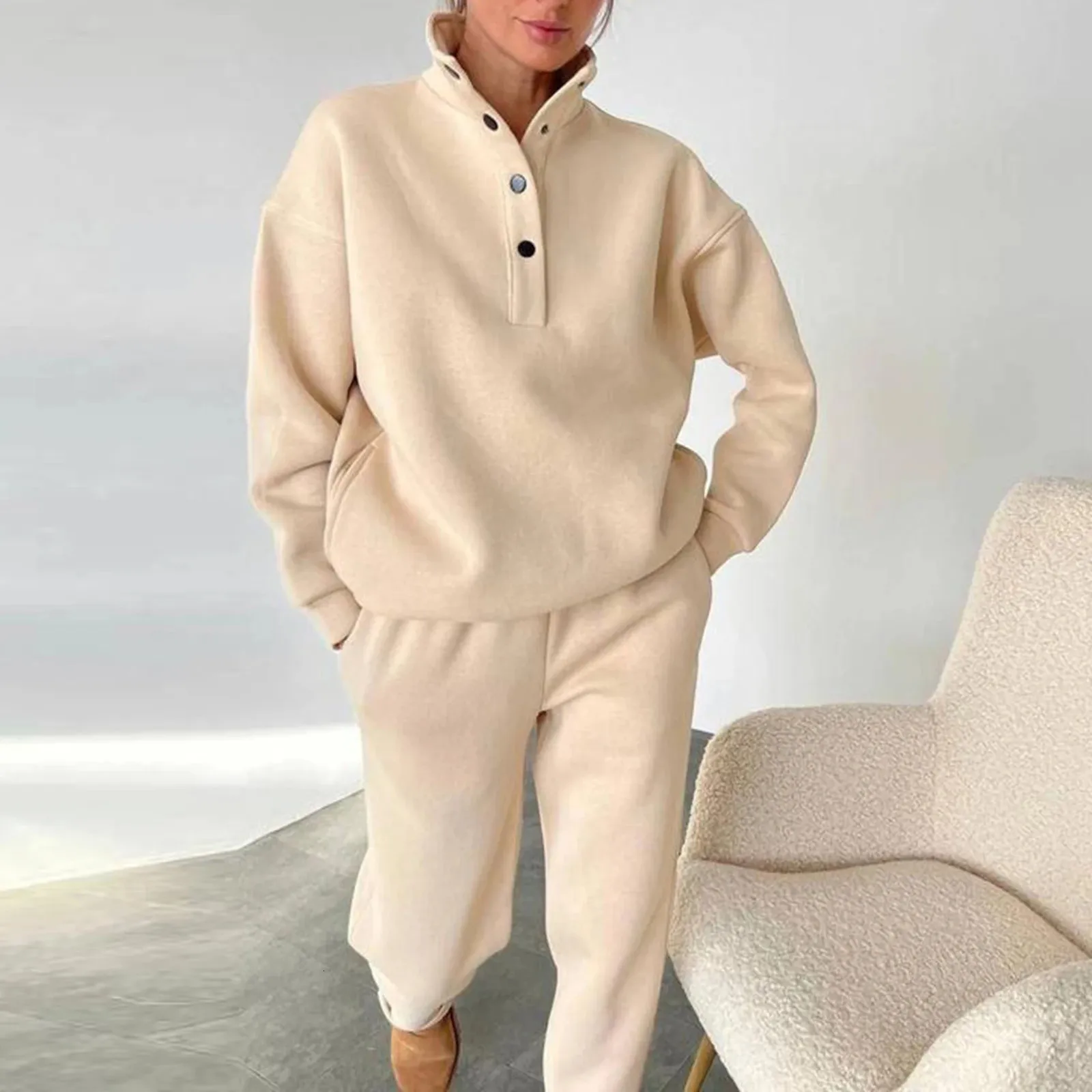 Женская зимняя толстовка с воротником-стойкой, спортивные штаны, комплекты из 2 предметов, модный пуловер, однотонный повседневный простой спортивный костюм, спортивный комплект 231228