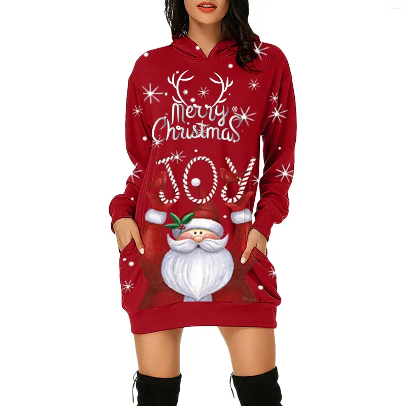 Vestidos casuais vermelho vestido de natal mulheres moletom elk papai noel padrão com capuz vestidos outono manga longa pulôver natal mini