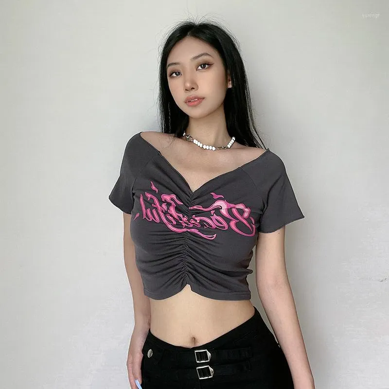 T-shirts pour femmes Girl Design Sense T-shirt à manches courtes imprimé plissé coupe ajustée