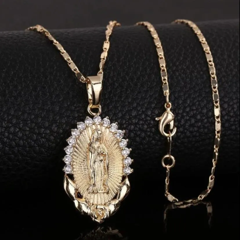 Kutsal Bakire Mary Kolye Kolye Din Dainty Altın Hıristiyan Kübik Zirkon Kolye Kadınlar Collier Femme Hıristiyan Jewelry305G