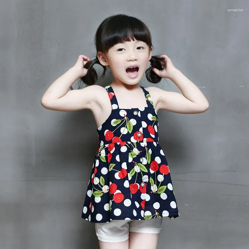 Conjuntos de roupas Menina coreana bonito cereja halter top e shorts duas peças verão colete calças 2023 18803