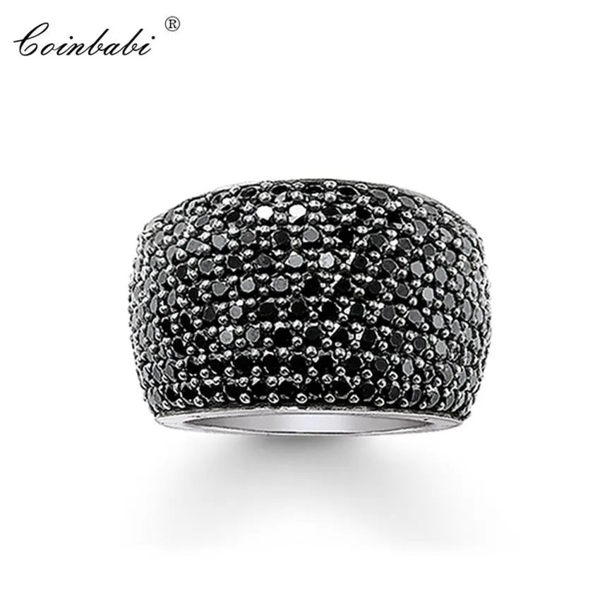 Bagues de Cocktail noir CZ pavé large en argent Sterling 925, cadeau pour femmes et hommes, style européen, bague rebelle, bijoux à la mode 210924336e