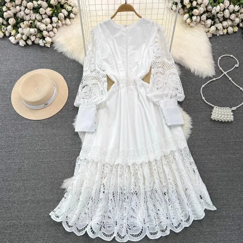 Casual Dresses Jamerary Runway Autumn Holiday Brodery White Lace Prom Dress Women's Long Lantern Sleeve Zipper Solid Crochet Midi