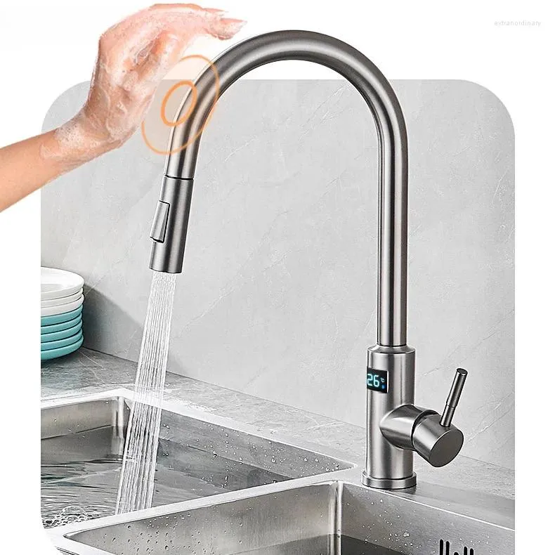 Kitchen Faucets Digital Mixer Cold Brushed Nickel Pull Out Tap Sensitive Sensor Touch Faucet