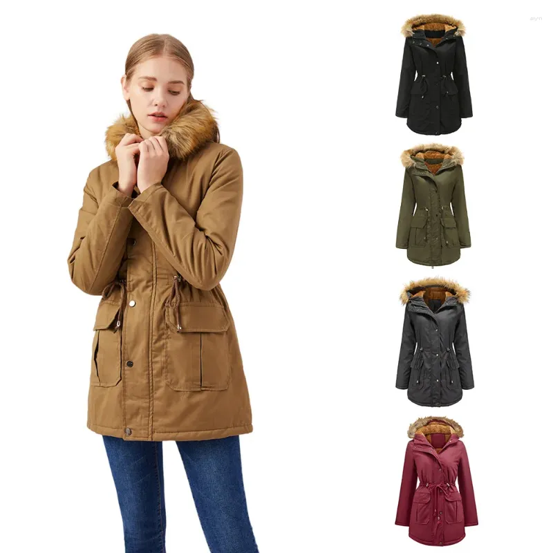 Women's Trench Coats Parkas Women Hooded Fur Collar Drawstring Tight High Waist Parka Zipper Outerwear Casual Thick Warm Jackets Winter