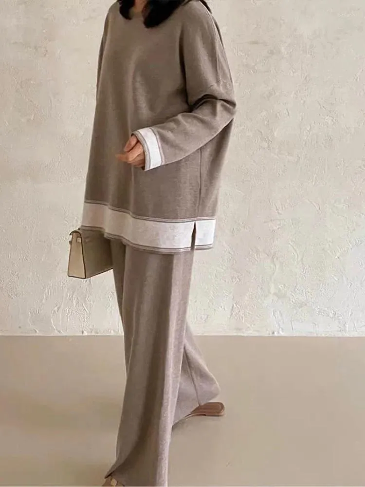 Pantalon deux pièces décontracté pour femmes, ample, col rond, tricot contrasté, jambes larges, ensemble vêtements à la mode coréenne, 2023