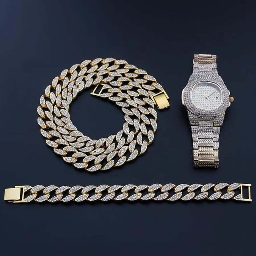 Colar relógio pulseira hip hop cubana corrente liga cor de ouro gelado pavimentado strass cz bling rapper jóias de casamento para homem ch284i