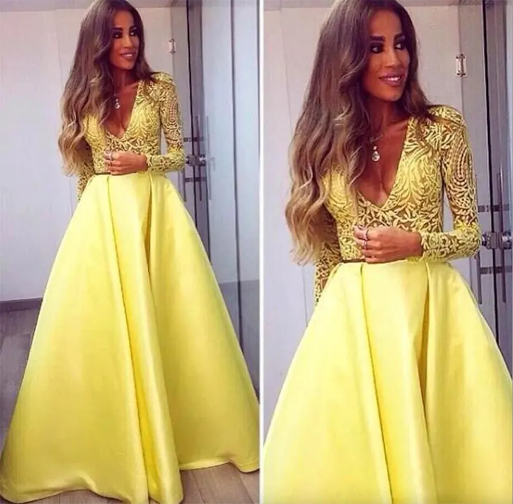 2024 Elegante gelbe Dubai Abaya mit langen Ärmeln Abendkleider mit tiefem V-Ausschnitt Spitzenkleider Abendgarderobe Zuhair Murad Prom Party Kleider