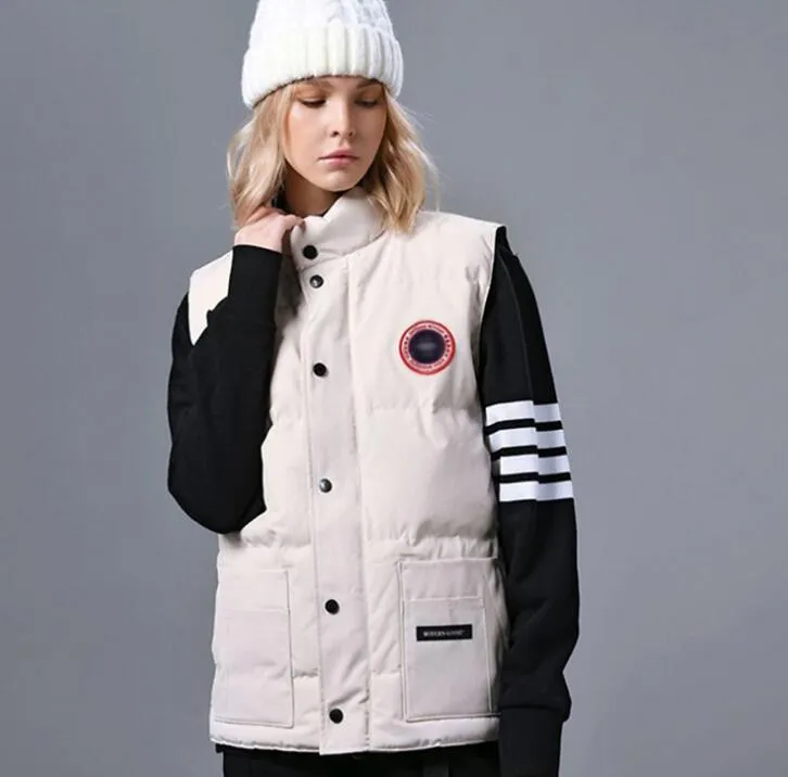 Ganso para baixo colete casaco de inverno coletes moda personalidade feminina designer sem mangas impressão canadense gola pato branco para baixo zíperes