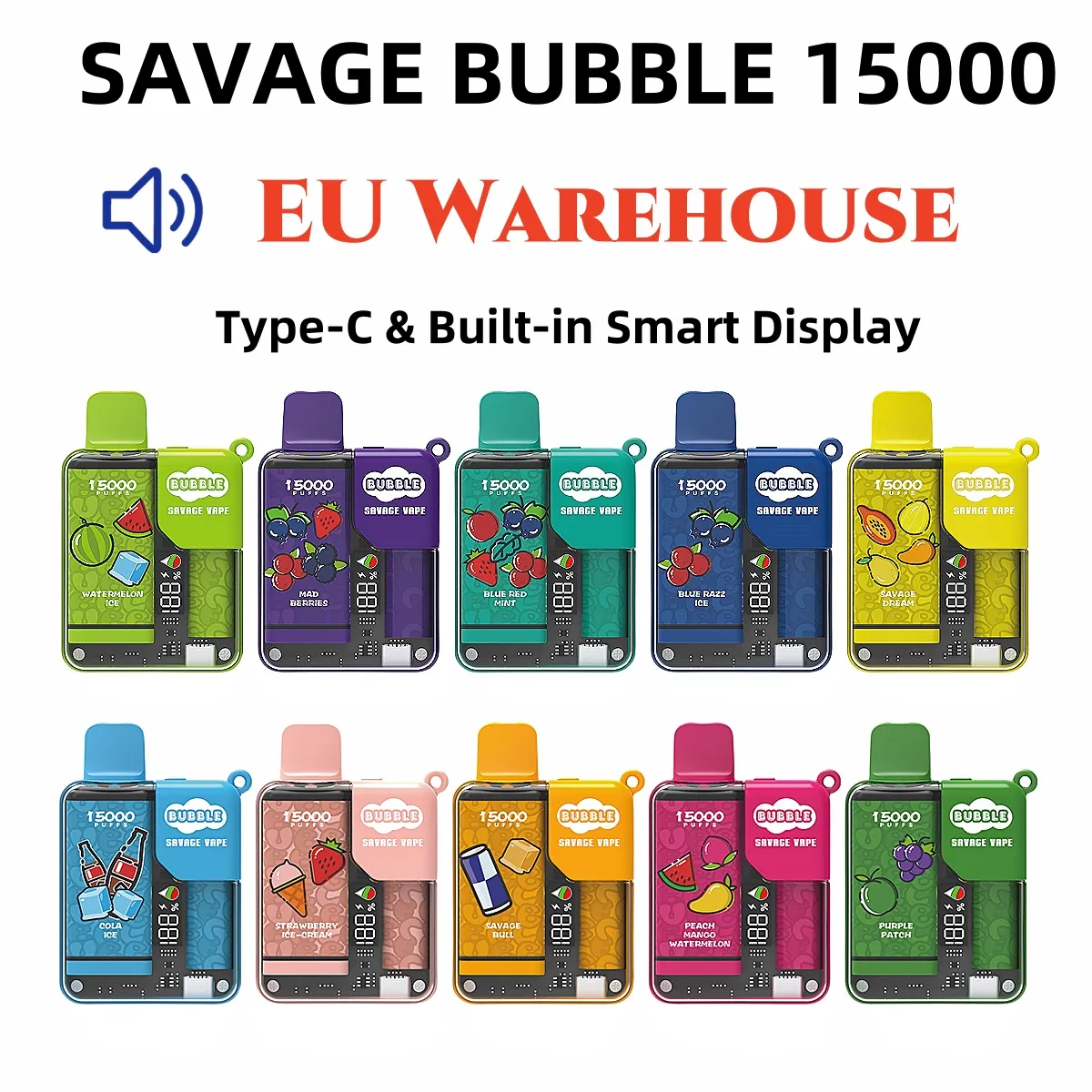 SAVAGE BUBBLE VAPE 15000 EU-magazijn Wegwerpvape-pen 28 ml Voorgevuld kinderslot poco Ingebouwd slim display E-sigaret Instelbaar vermogen versus tornadobladerdeeg 15000