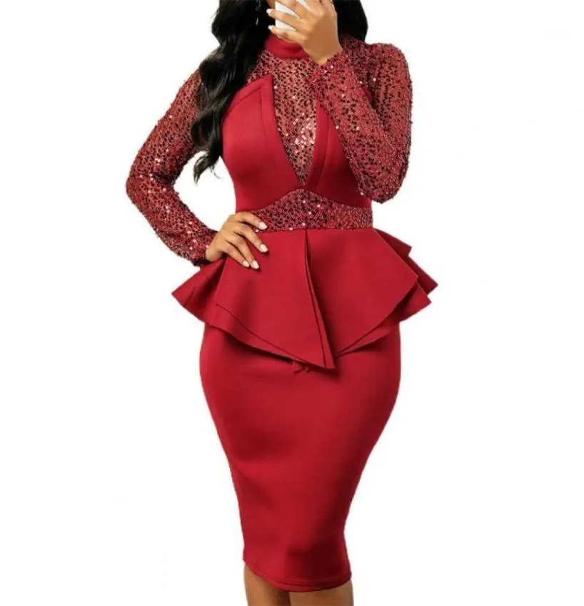 Casual Dresses Sequin Ruffle Formal Dress Women Elegant Long Sleeve Waist Tight Party Workwear Plus Size Clothing 4xl Vestidos4672112