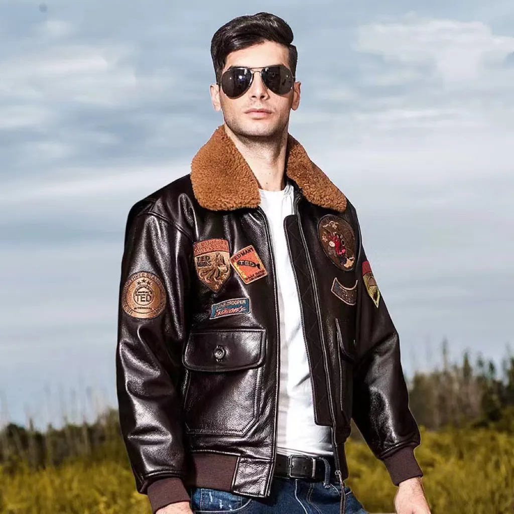 Chaqueta de cuero con cuello de piel Retro americano para hombre, traje de piloto de la Fuerza Aérea G1 con bordado de piel de vaca de capa superior, talla grande